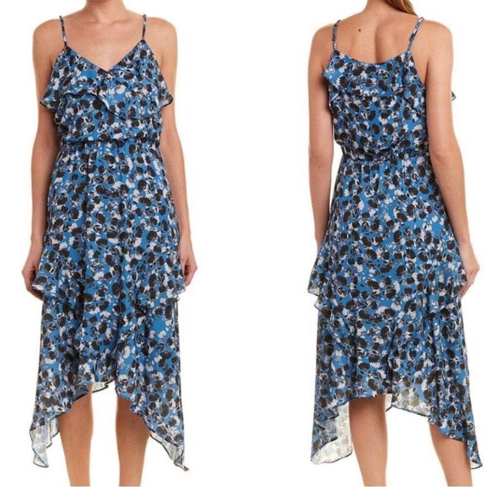 Parker Floral Phlox Sharkbite Handkerchief Hem Midi Dress Blue Size Large